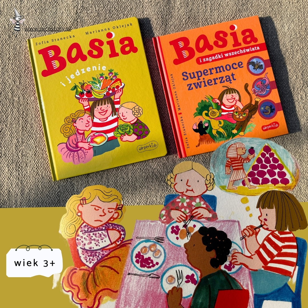 Okładka książki Basia i jedzenie – kolorowa ilustracja bohaterki oraz elementy związane z jedzeniem i codziennością dziecka