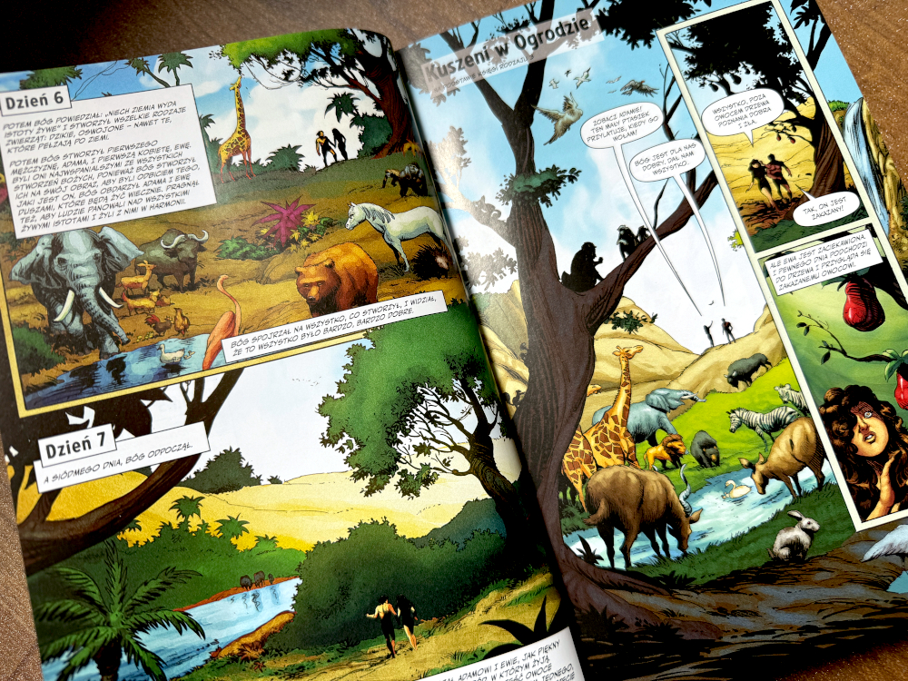 Rozkładówka komiksu z dniem 6 i 7 stworzenia, zwierzętami, Adamem i Ewą oraz sceną kuszenia w ogrodzie.