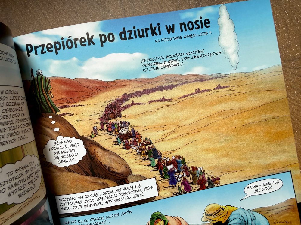 Plansza komiksowa z Mojżeszem i izraelskim tłumem na pustyni, pod tytułem Przepiórek po dziurki w nosie.