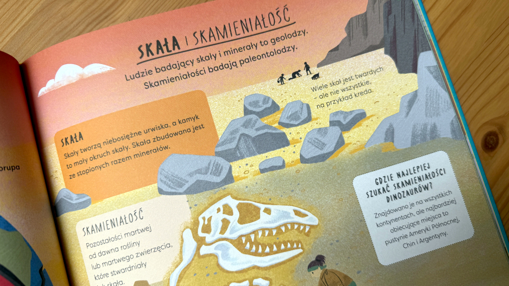 Ilustrowana rozkładówka o skałach i skamieniałościach, przekrój terenu z kośćcem dinozaura i opisami geologicznymi - Encyklopedia rzeczy