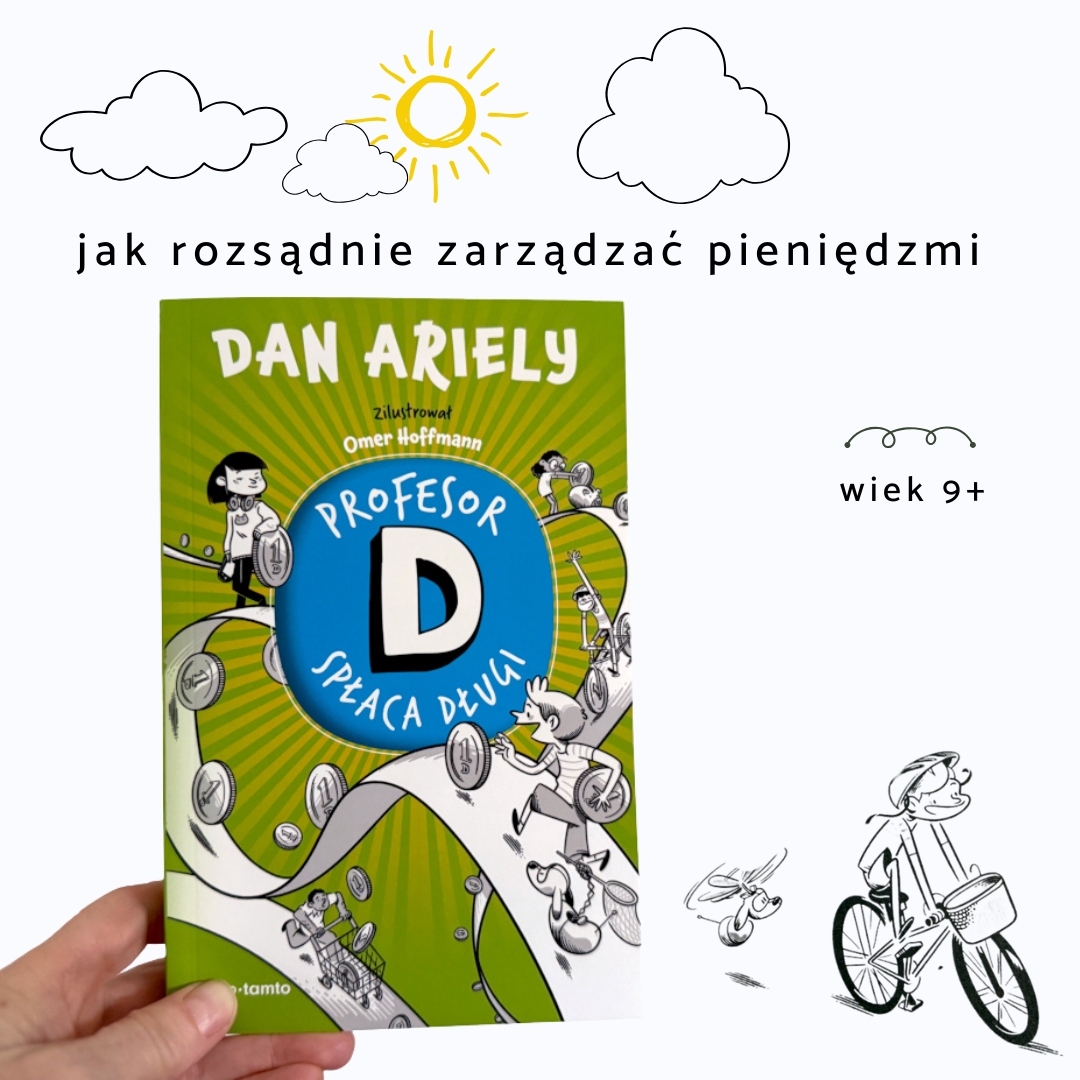 Zielona Okładka książki Profesor D spłaca długi z ilustracją dużej litery D i komiksowym stylem graficznym.