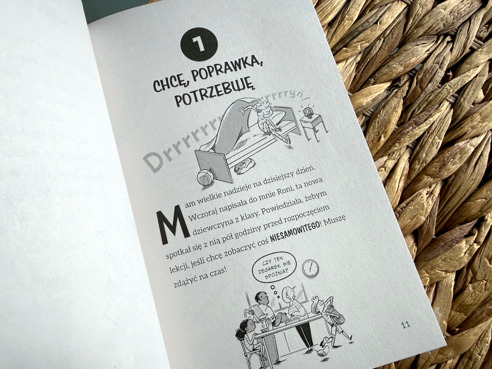 Strona książki Profesor D z nagłówkiem Chcę poprawką, potrzebuję i rysunkiem nad tekstem, na plecionym tle.