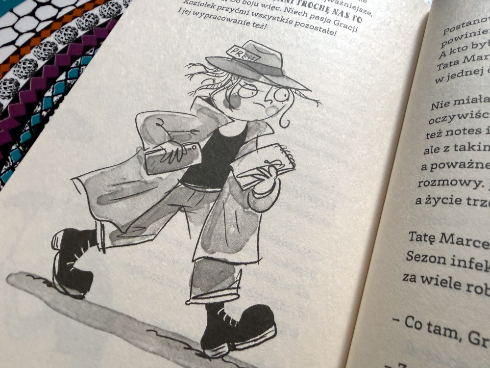 Gracja Kociołek w stroju detektywa ilustracja z książki dla dzieci