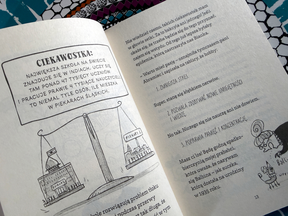 Ilustracja bohaterki Gracji Koziołek z widocznym rysunkiem wagi, oraz ciekawostkami