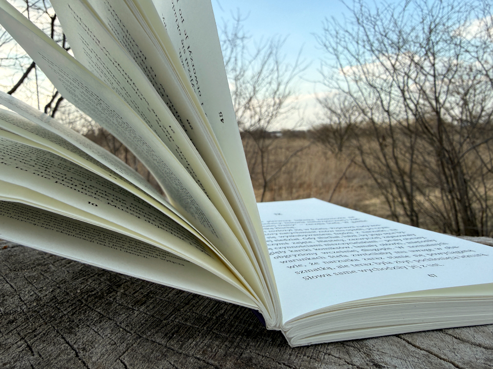 Rozłożona książka Na straży tajemnic Klątwa skarbu Inków na tle natury z widokiem drzew i nieba w tle