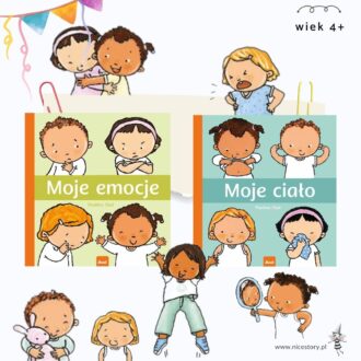Okładka książki Moje emocje oraz Moje ciało z ilustracją twarzy dzieci oraz widocznym tytułem i nazwiskiem autorki na jasnym tle