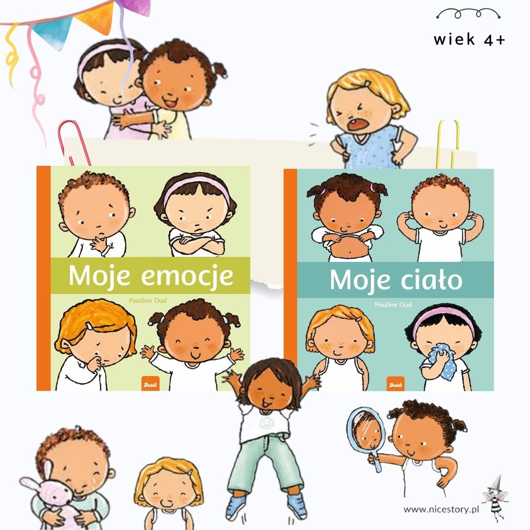 Okładka książki Moje emocje oraz Moje ciało z ilustracją twarzy dzieci oraz widocznym tytułem i nazwiskiem autorki na jasnym tle