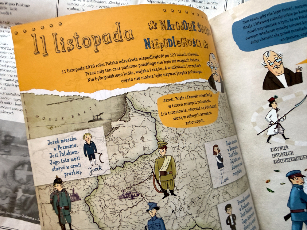 Rozkładówka Nasza paczka niepodległa z mapą zaborów, bohaterami książki i wyjaśnieniem odzyskania niepodległości w 1918 roku