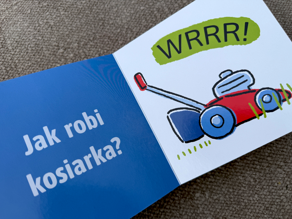 Strona książki dla dzieci z ilustracją kosiarki i dźwiękiem wrrr, minimalistyczna grafika i wyraźny tekst na kolorowym tle