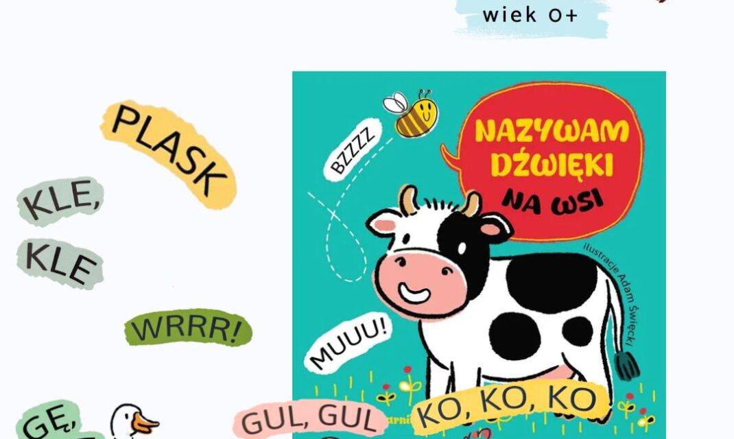 Okładka książki kartonowej dla najmłodszych z ilustracjami zwierząt wiejskich, prosta grafika i kontrastowe kolory dla dzieci 0-3