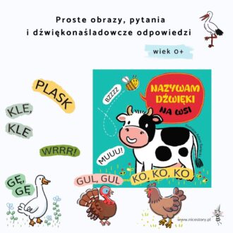 Okładka książki kartonowej dla najmłodszych z ilustracjami zwierząt wiejskich, prosta grafika i kontrastowe kolory dla dzieci 0-3