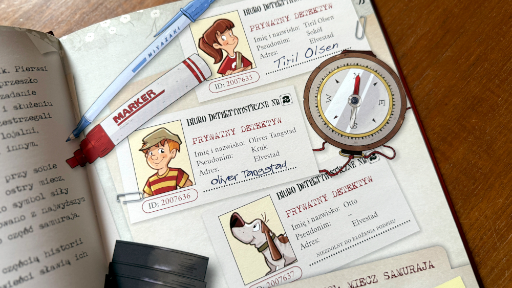 Ilustracja z książki Operacja Miecz Samuraja przedstawiająca identyfikatory detektywów, kompas i akcesoria biura