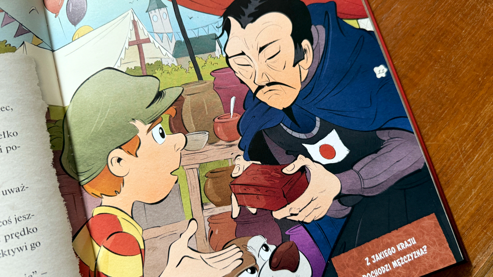 Scena spotkania Oliviera z tajemniczym mężczyzną w stroju japońskim, przekazującym pudełko z mieczem samuraja