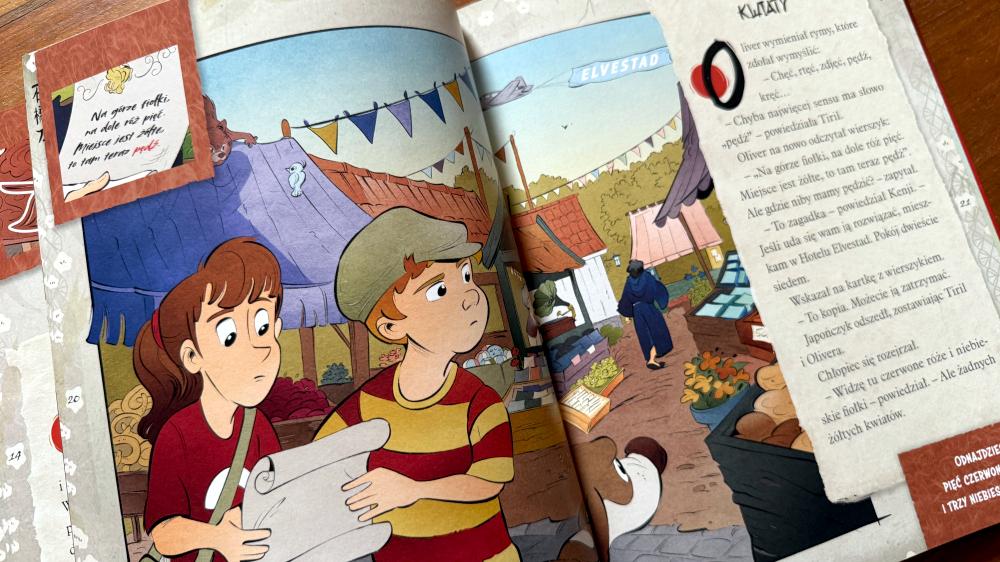 Tiril i Olivier analizują wskazówki na mapie targu w Elvestad, ilustracja z zadaniem detektywistycznym dla dzieci