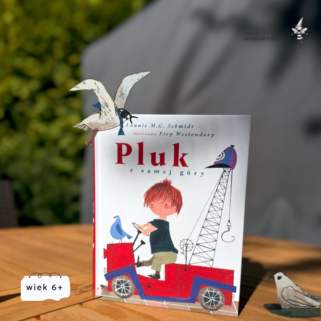Okładka książki Pluk z samej góry z charakterystyczną ilustracją i tytułem na jasnym tle wydania dla dzieci