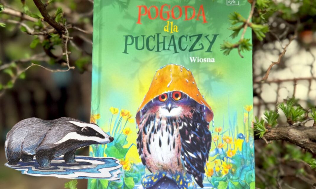 Okładka książki Pogoda dla Puchaczy Wiosna w plenerze, egzemplarz oparty o gałęzie z naturalnym, leśnym tłem