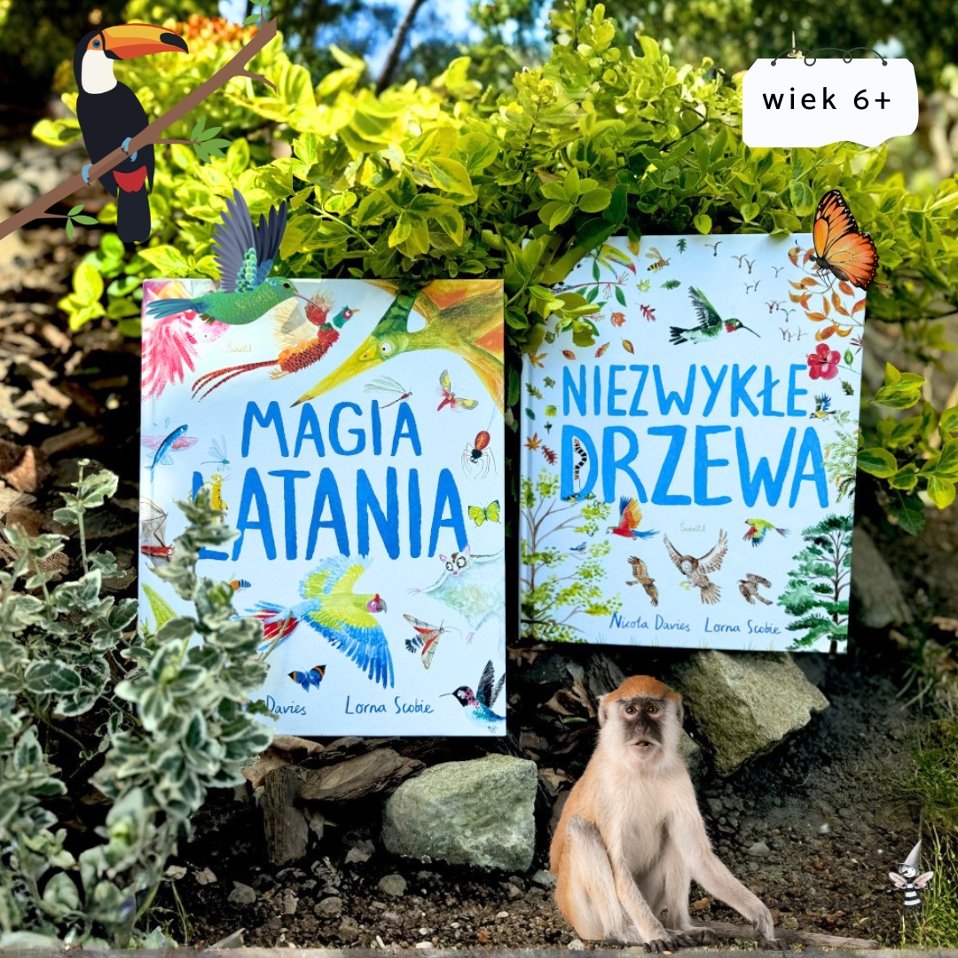 Niezwykłe drzewa oraz Magia latania - atlasy przyrodnicze dla dzieci na tle zieleni