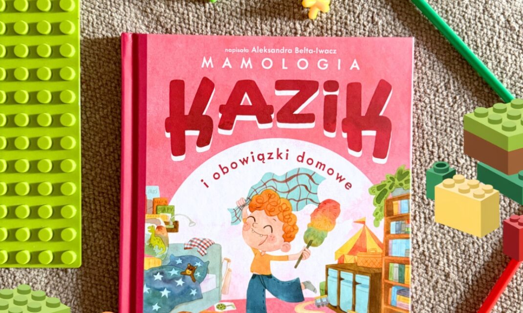Okładka książki Kazik i obowiązki domowe z ilustracją chłopca podczas codziennych domowych aktywności
