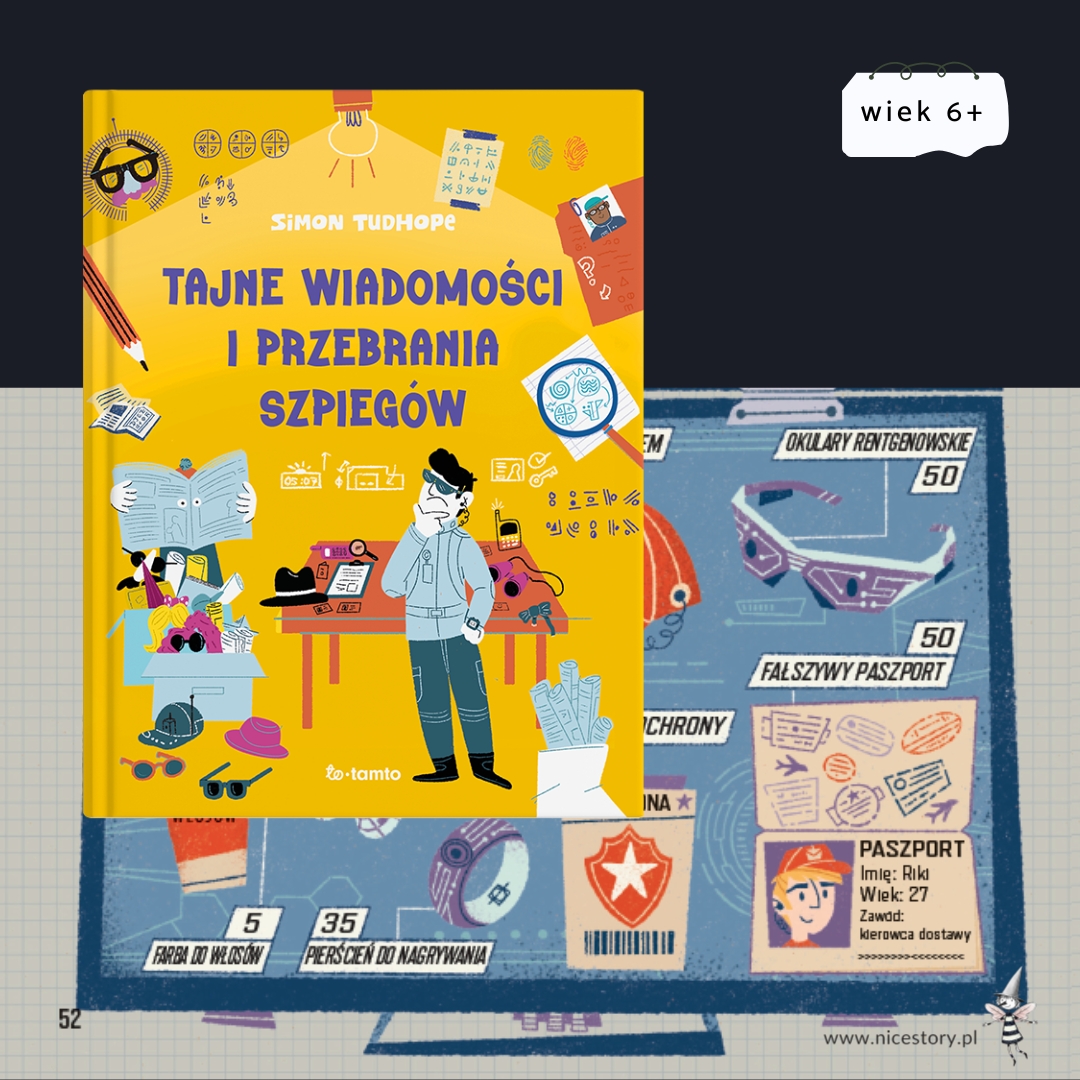 Okładka książki Tajne wiadomości i przebrania szpiegów z ilustracją szpiegowskich zagadek dla dzieci