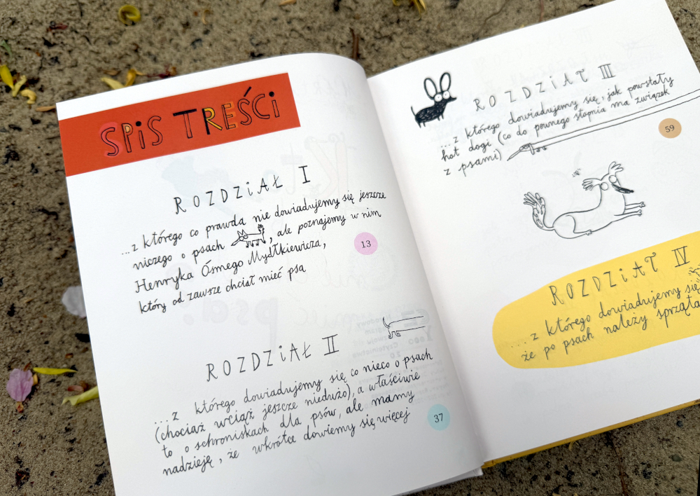Spis treści książki o psach dla dzieci z odręcznymi ilustracjami i humorystycznymi tytułami rozdziałów
