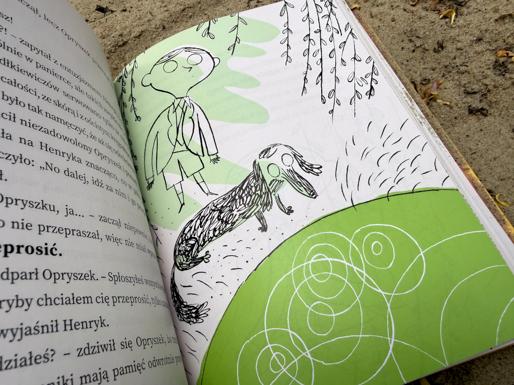 Kto by nie chciał mieć psa - ilustracja z książki a na niej jamnik Opryszek