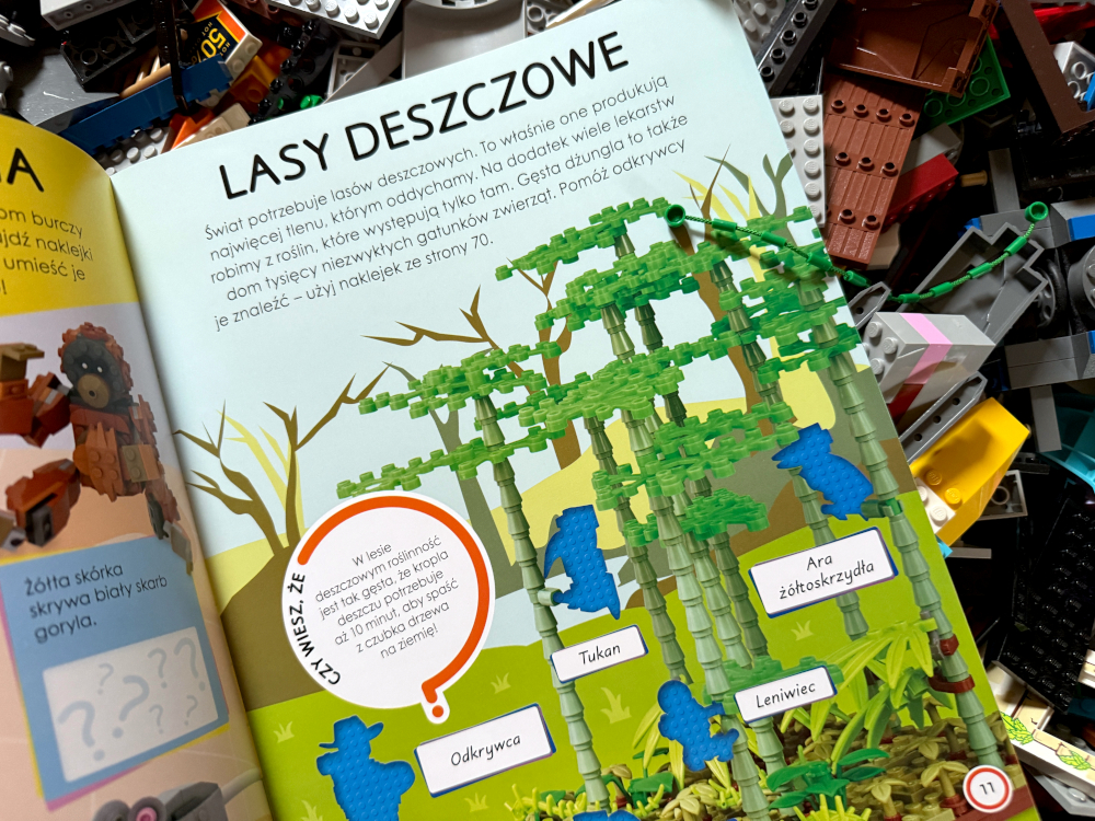 Rozkładówka książki LEGO Świat zabawy z naklejkami prezentująca las deszczowy i zwierzęta zbudowane z klocków