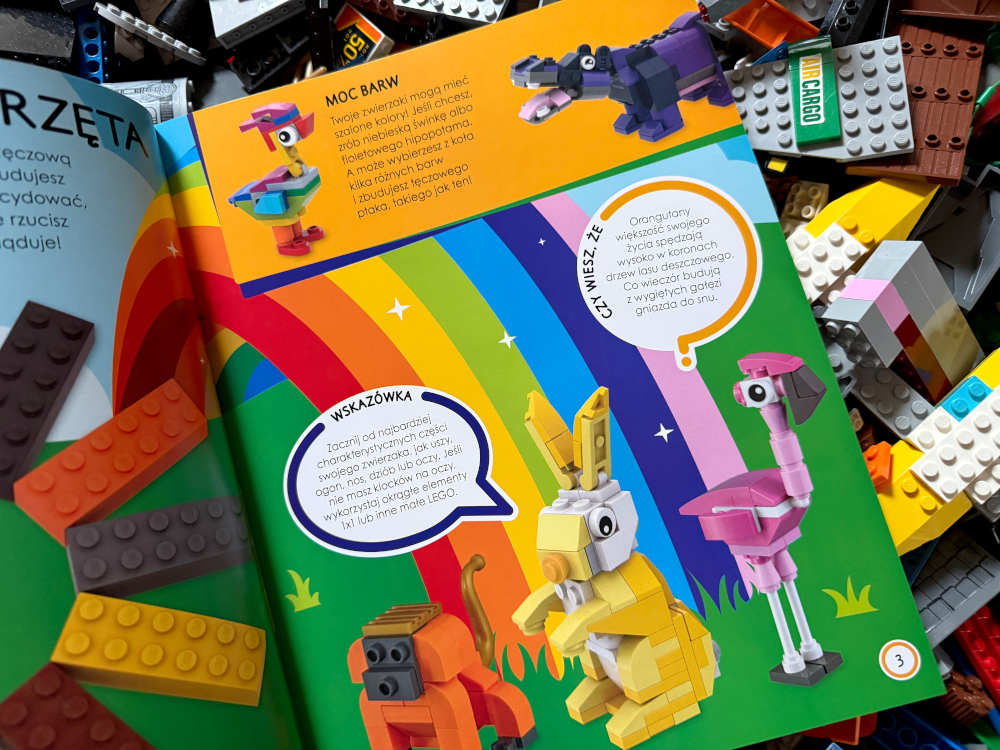 Kolorowe strony książki LEGO z instrukcjami budowania zwierząt i kreatywnymi pomysłami na zabawę klockami

