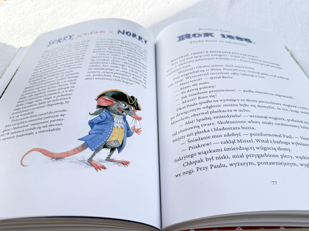 ilustracja szczur narrator z książki Skoki przez epoki dla dzieci