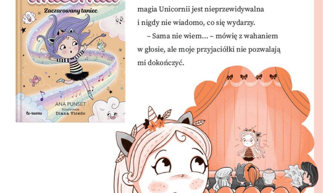 Okładka książki Unicornia Zaczarowany taniec w pomarańczowej oprawie z bohaterkami i motywem jednorożców