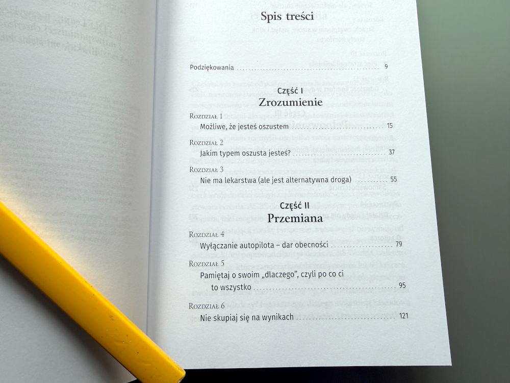 Ilustracja z książki Syndrom oszusta przestawiająca spis treści 