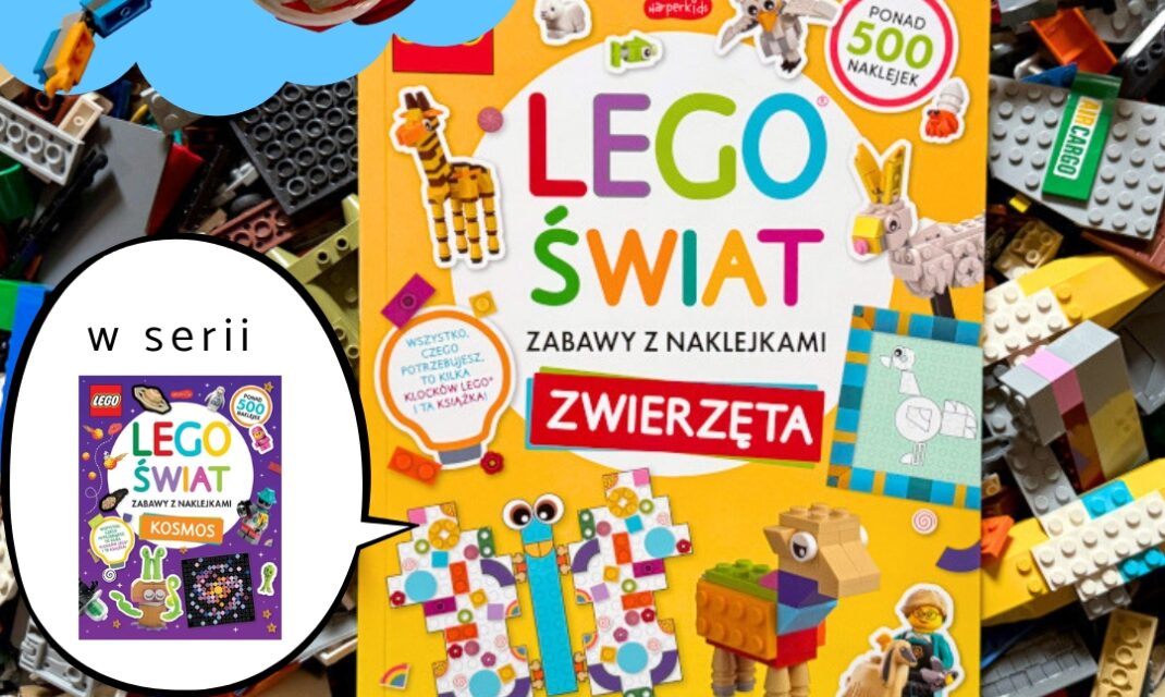 Okładka książki LEGO Świat zabawy z naklejkami Zwierzęta na tle rozsypanych kolorowych klocków LEGO