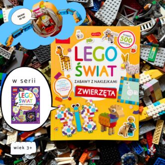 Okładka książki LEGO Świat zabawy z naklejkami Zwierzęta na tle rozsypanych kolorowych klocków LEGO