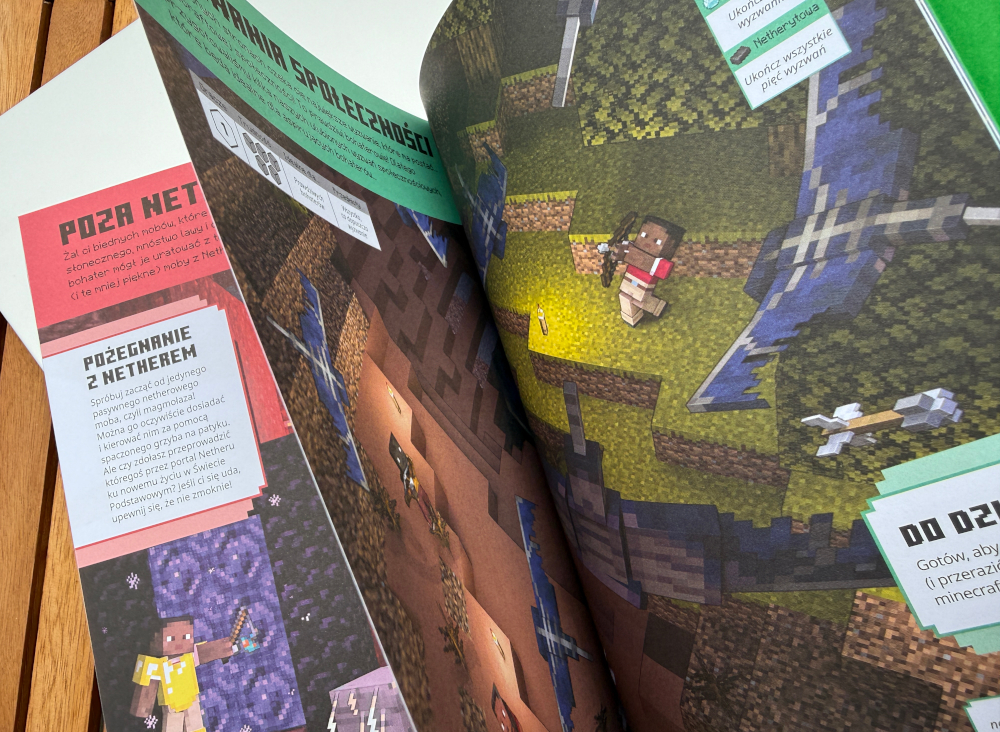 Rozkładówka książki Minecraft Wyzwanie przetrwanie z zadaniami eksploracji Netheru i trybu społeczności