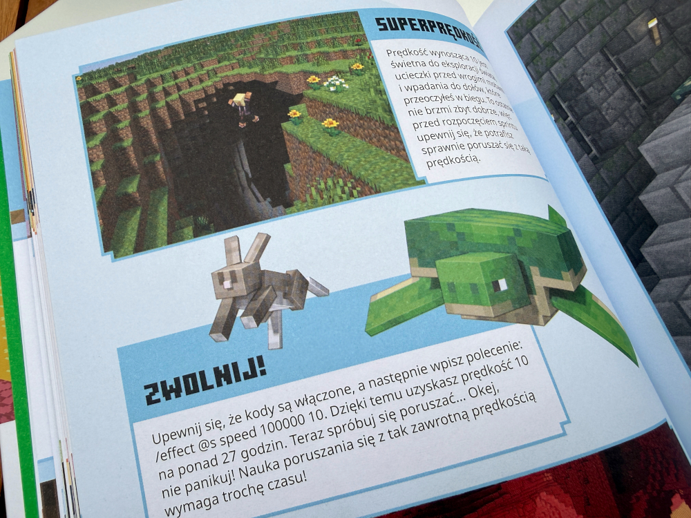Strona książki Minecraft Wyzwanie przetrwanie z poradami dotyczącymi szybkości ruchu i kodów gry
