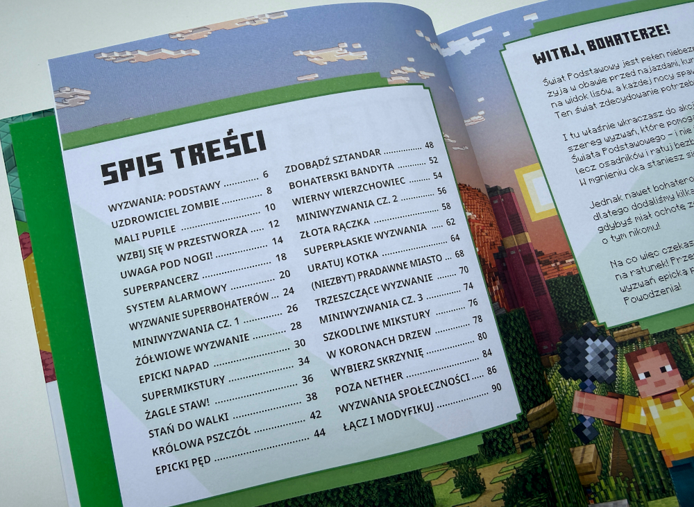 Minecraft Wyzwanie przetrwanie z bohaterami gry i wyzwaniami survivalowymi dla dzieci - spis treści