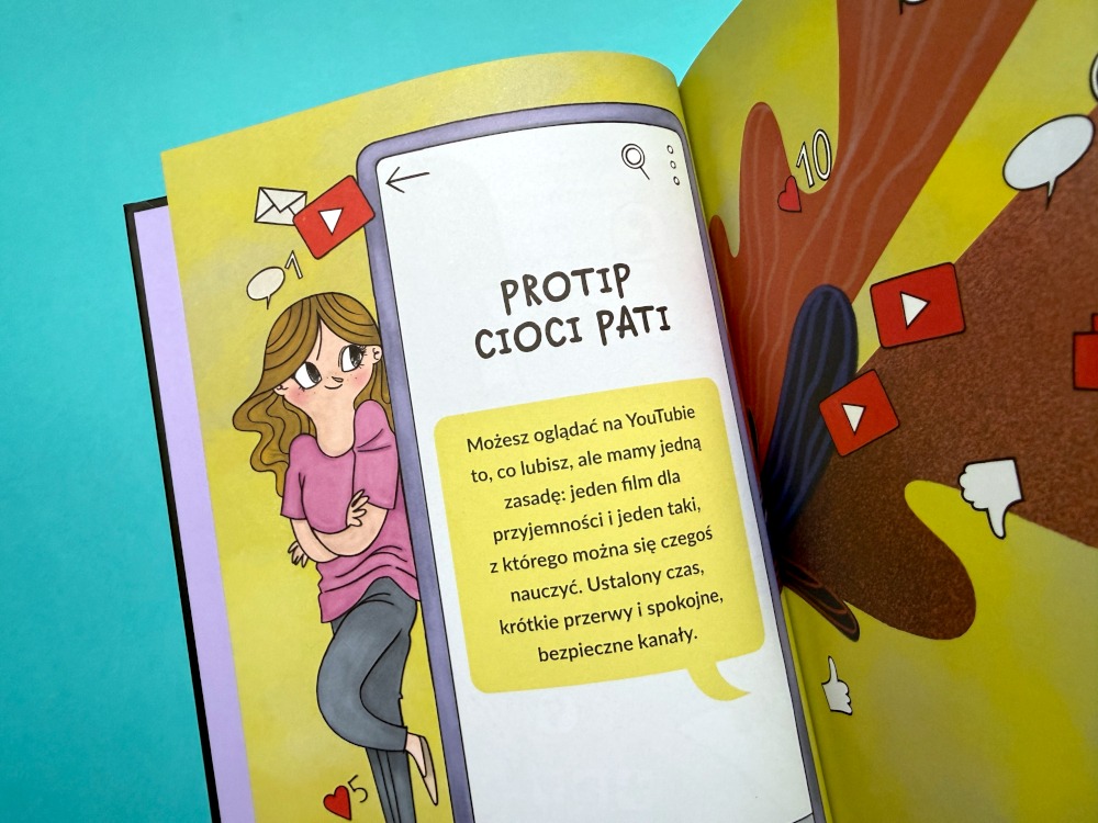 Strona książki Ciocia Pati z poradą dotyczącą bezpiecznego korzystania z YouTube i czasu ekranowego