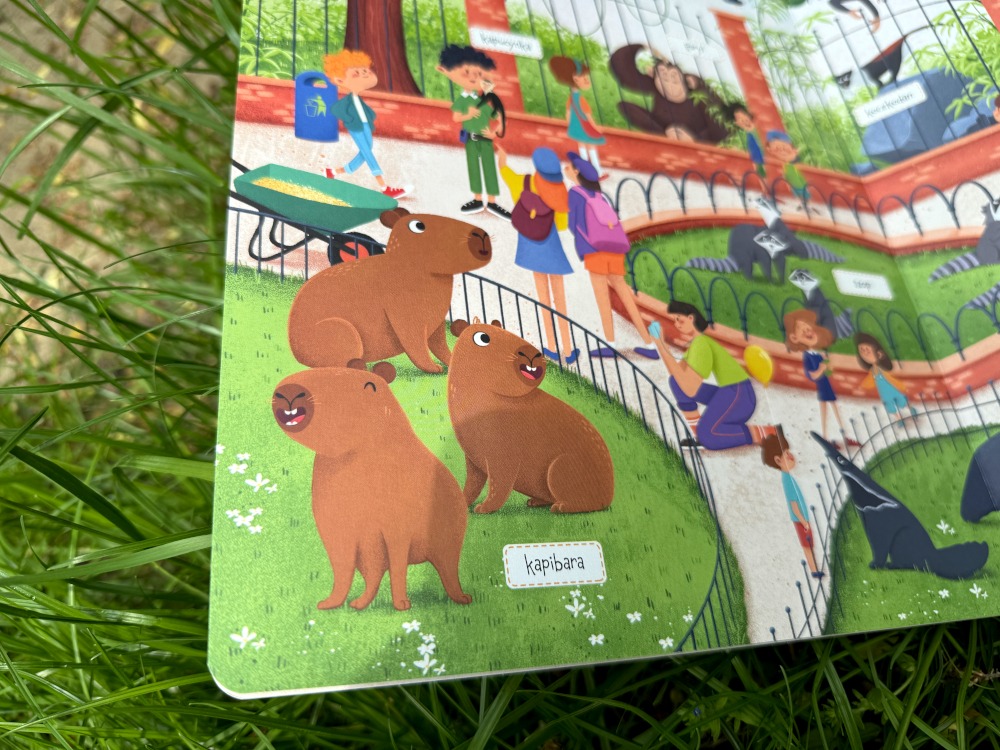 Rozkładówka książki prezentująca kapibary na wybiegu oraz spacerujących zwiedzających podczas wizyty w zoo