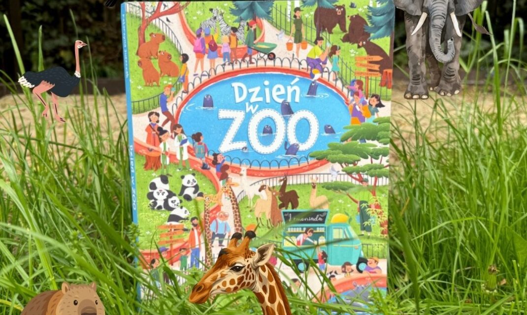 Okładka książki Dzień w zoo dla najmłodszych dzieci z kolorową ilustracją zwierząt i odwiedzających ogród zoologiczny