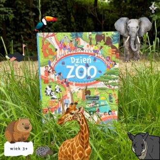 Okładka książki Dzień w zoo dla najmłodszych dzieci z kolorową ilustracją zwierząt i odwiedzających ogród zoologiczny