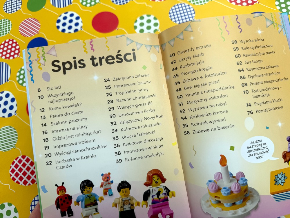 Spis treści książki Księga pomysłów LEGO Imprezy prezentujący projekty, gry i dekoracje z klocków LEGO