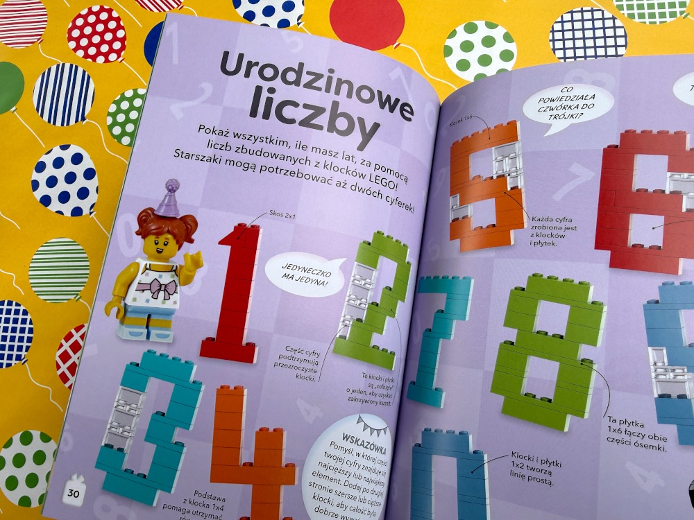 Instrukcja budowania cyfr z klocków LEGO na urodziny pokazana na stronach książki dla dzieci i rodzin