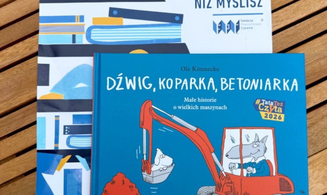 Okładka książki Dźwig Koparka Betoniarka prezentująca maszyny budowlane dla dzieci w wieku przedszkolnym