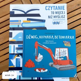 Okładka książki Dźwig Koparka Betoniarka prezentująca maszyny budowlane dla dzieci w wieku przedszkolnym