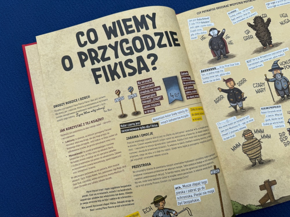 Rozkładówka książki Pan Pancio Fikis w pogoni za Basią z instrukcją, bohaterami oraz zasadami wyszukiwanki dla dzieci.