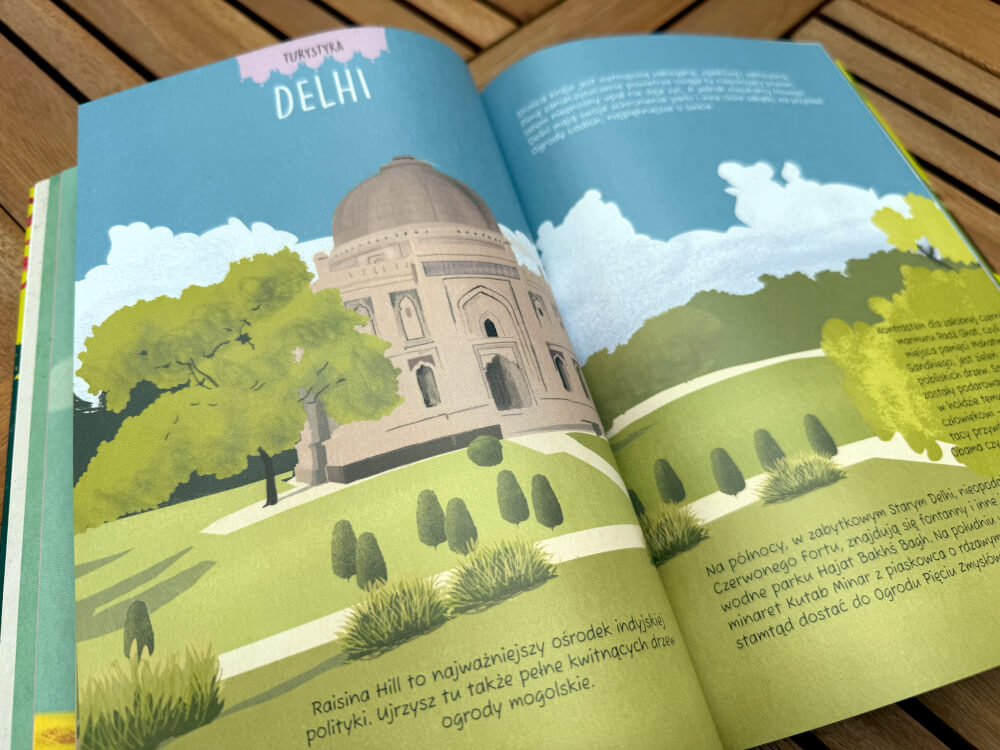 Ilustracja przedstawiająca architekturę w Delhi oraz zabytkowe budowle w ogrodach mogolskich.