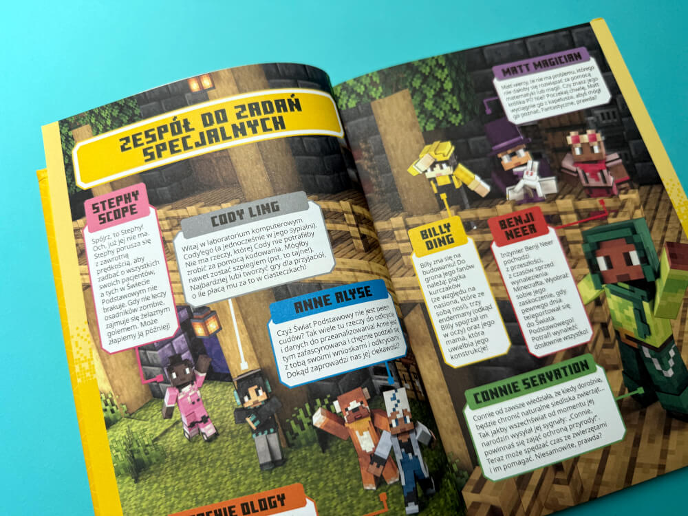 Strona książki Minecraft Academy prezentująca profile postaci z gry: Stephy, Cody, Anne, Billy, Benji i Connie.