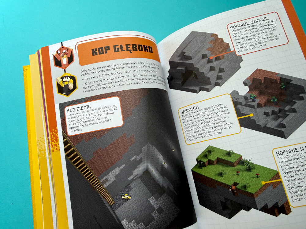 Poradnik Minecraft pokazujący sposoby budowania schronu pod ziemią: w jaskini lub na górskim zboczu.