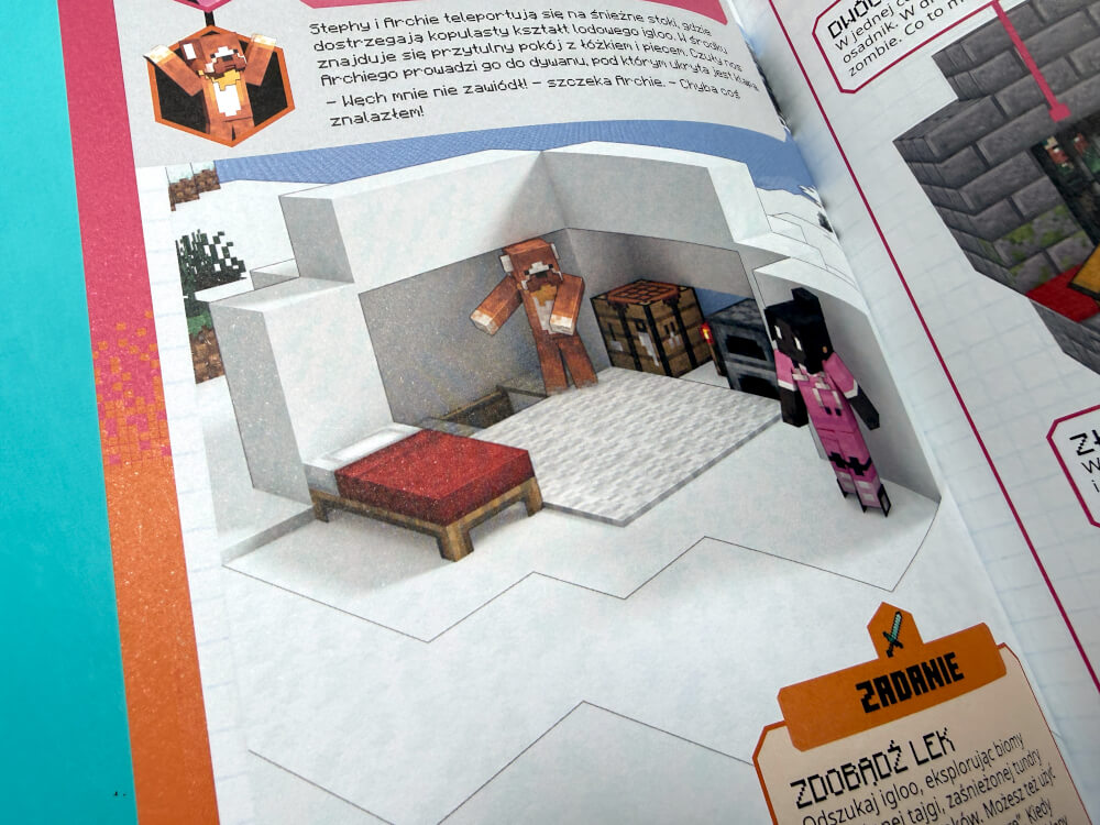 Ilustracja z książki Minecraft pokazująca postacie wewnątrz ośnieżonego igloo z łóżkiem i piecem.