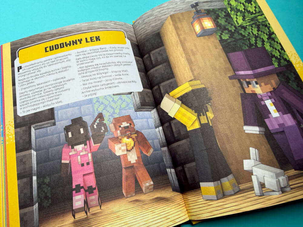 Postacie z książki Minecraft w laboratorium podczas przygotowywania lekarstwa dla osadnika zombie.