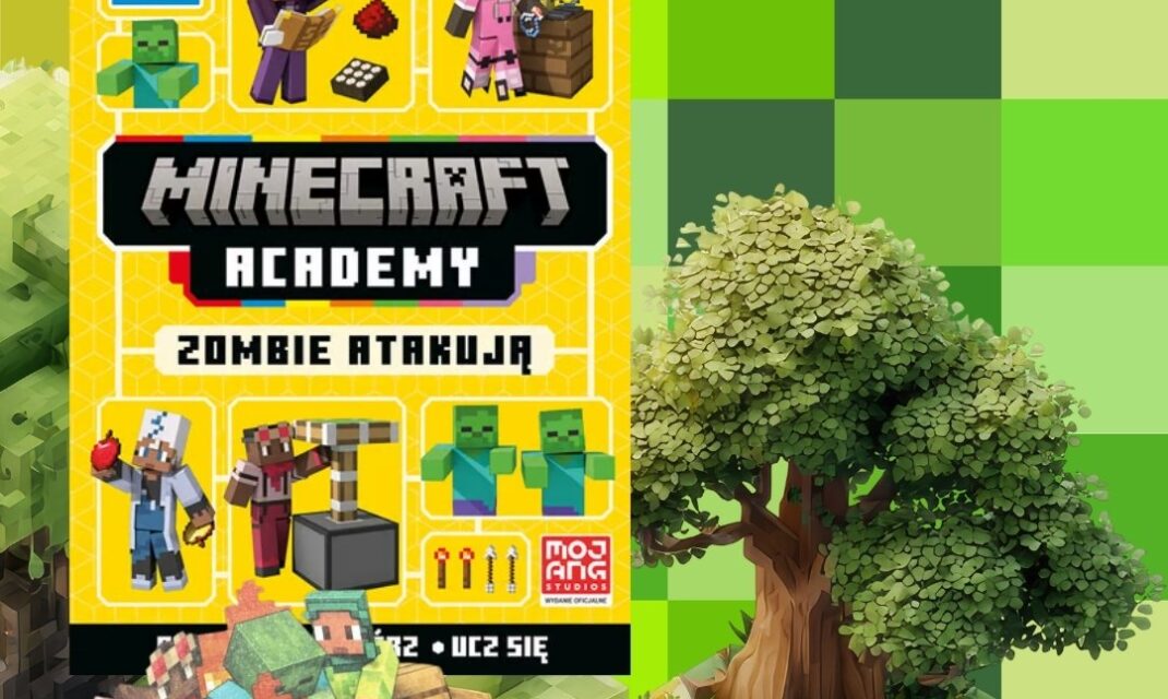 Okładka książki Minecraft Academy Zombie atakują z grafikami postaci i drzewem na zielonym tle.